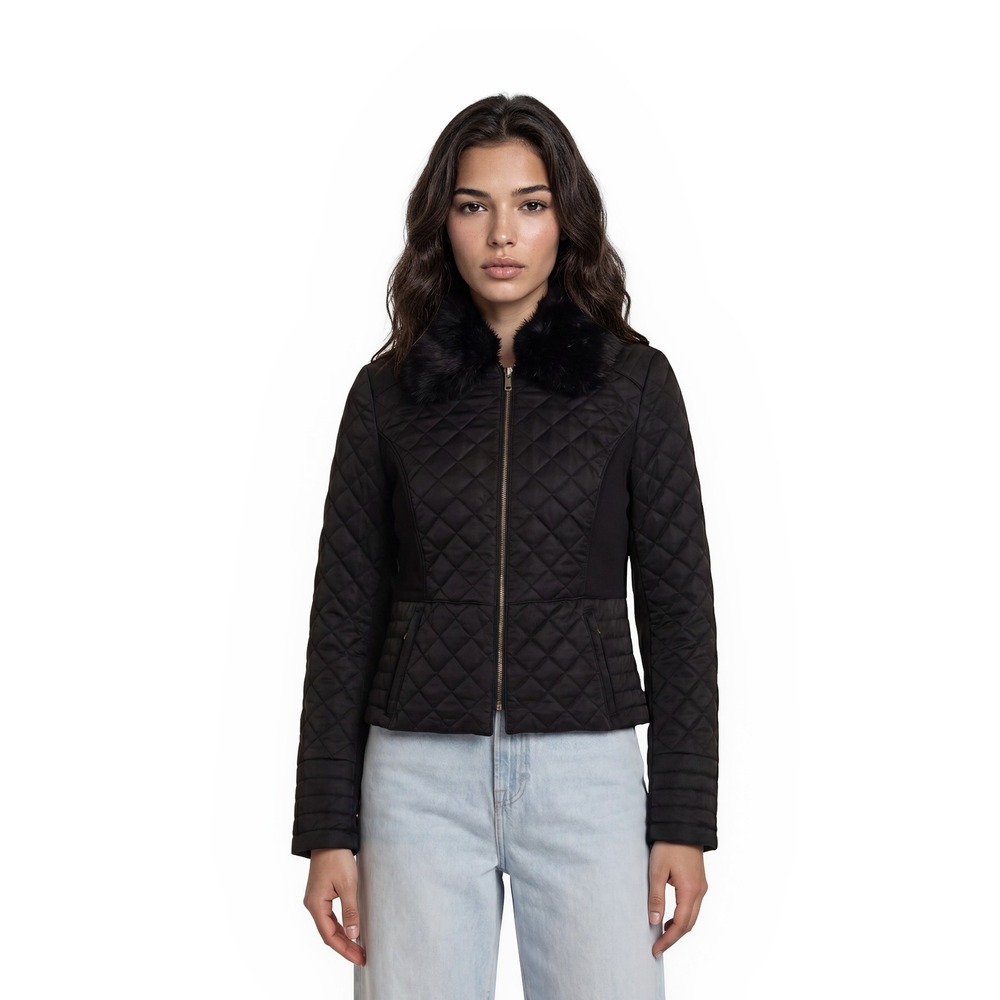 White House Black Market Quilted Jacket Coat Women's Large Black Faux Fur Collar